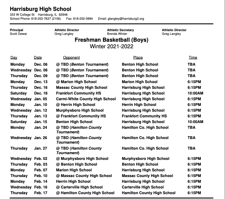 Bulldog Freshman Basketball Schedule