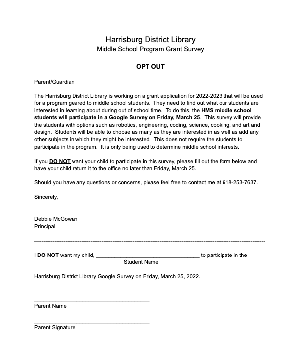 Parent Opt Out for Harrisburg Library Survey
