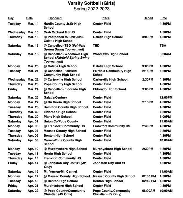 Softball Schedule