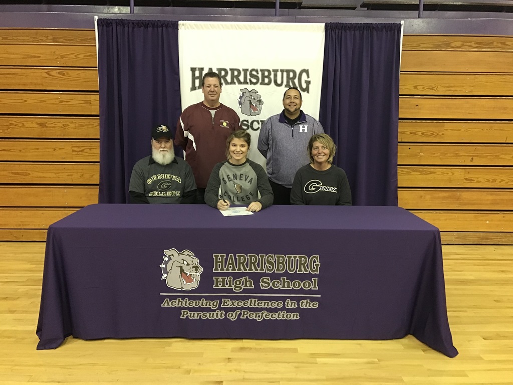 Congratulations to Maddi Ladd on her signing to play softball at Geneva College. Back row L-R: Dirt Dawgs Head Softball Coach Steve Beaver, HHS assistant softball Coach Jake Stewart. Front row L-R: Grandfather, Mike Ladd, Maddi Ladd, mother, Kim Ladd.