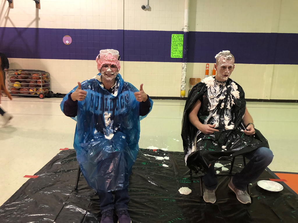 Mrs. Fry gives a thumbs up after being “pied” by top fundraisers! 
